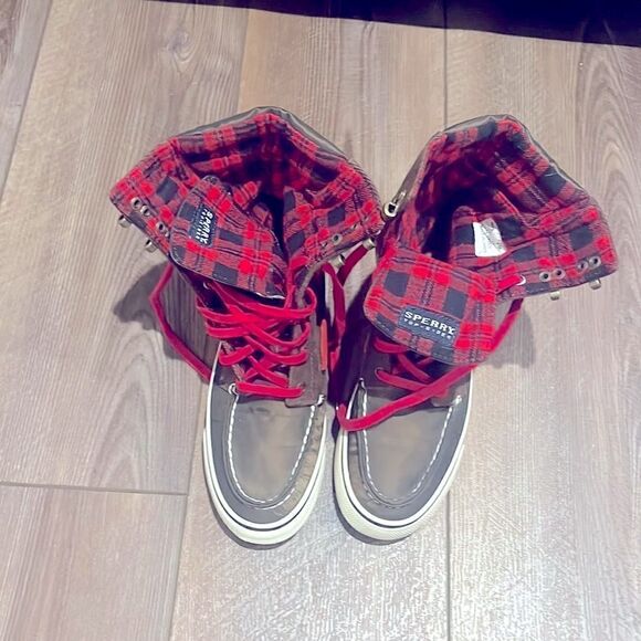 Vintage Sperry plaid tartan brown & red high top sneakers - Picture 2 of 5